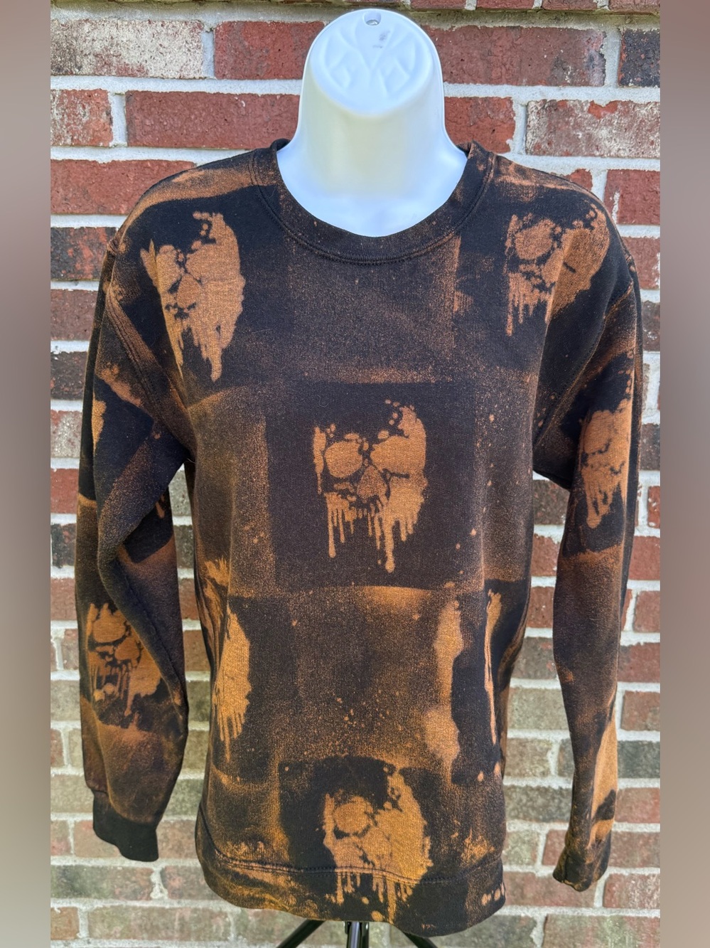 NWOT Skull customized Black & Rust Bleach Crewneck Sweatshirt